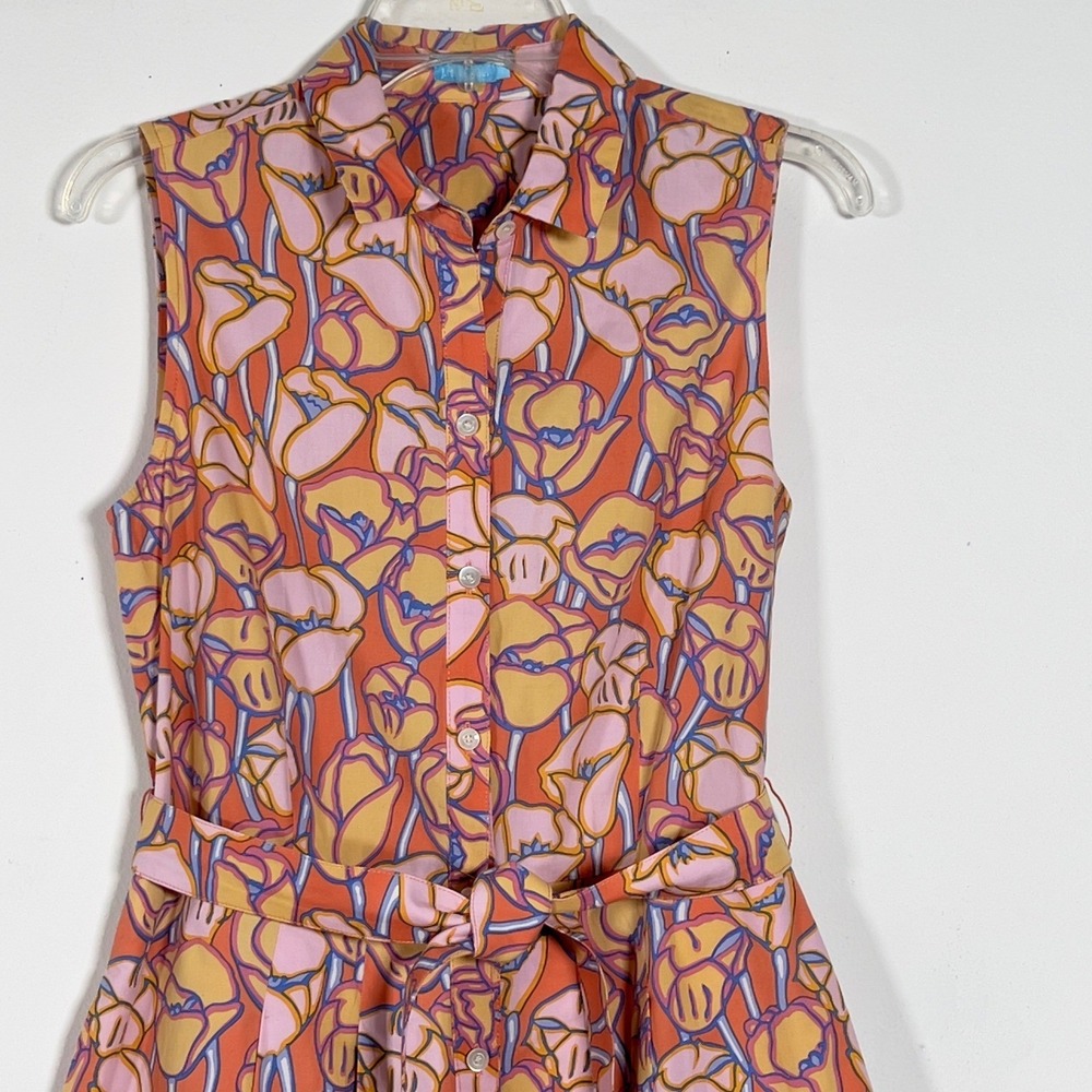 J.McLaughli Sleeveless Belted Shirt Dress Womens Sz M Multicolor Tulip Floral - Picture 2 of 11